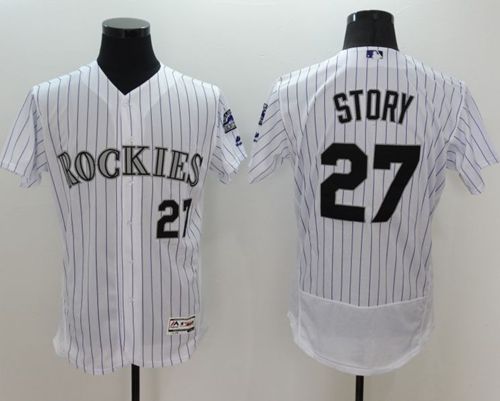 Rockies #27 Trevor Story White Strip Flexbase Authentic Collection Stitched MLB Jersey - Click Image to Close